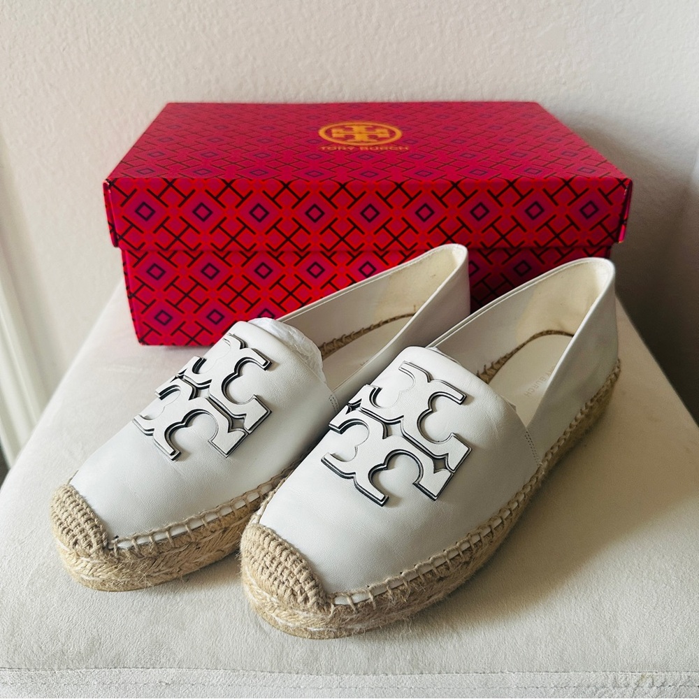 Tory Burch White Espadrille Flats with Logo